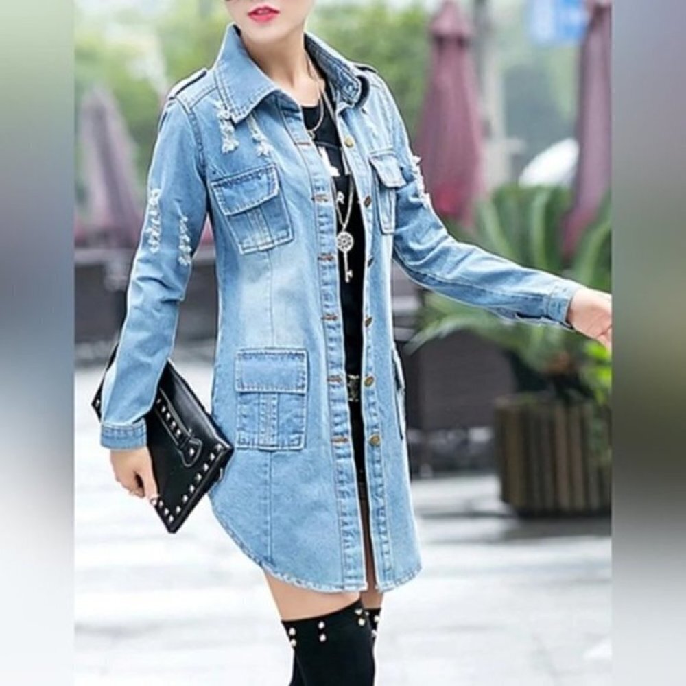 Denim Utility Jacket Shirt Dress Distressed Button Front Longline XS